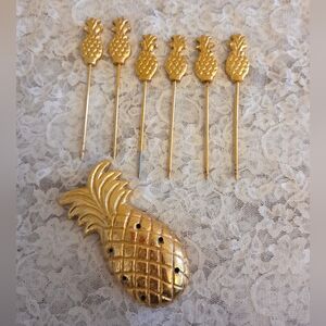Vintage MCM Gold Gilded Metal Pineapple Appetizer Picks & Holder